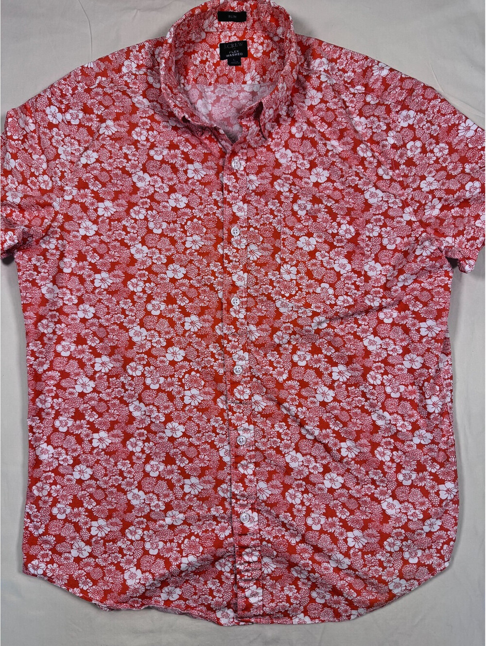 J. Crew Men's Short Sleeve Shirt Large Orange Floral Print Slim Fit Flex Washed